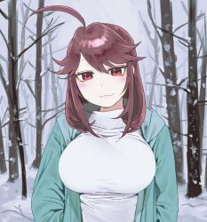  1girl :3 absurdres ahoge alternate_universe bare_tree blush breasts chara_(facing_demons) commentary_request facing_demons forest frisk_(undertale) green_jacket hands_in_pockets heart_soma highres jacket large_breasts looking_at_viewer medium_hair nature smile snow sweater tagme tree undertale utdr_(toby_fox) white_sweater 