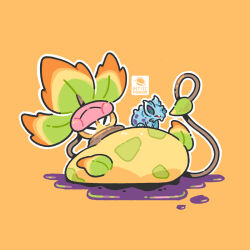  acid buck_teeth colored_skin highres horns mega_pokemon mega_victreebel nidoran nidoran_(female) no_humans orange_background petite_echorizon plant plant_monster pokemon pokemon_(creature) pokemon_focus single_horn spotted_skin teeth victreebel vines yellow_skin 