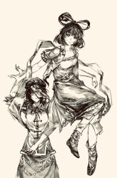  2girls ankle_socks arm_at_side arm_up asymmetrical_legwear chinese_clothes chinese_hairpin collared_vest commentary_request cowboy_shot crossed_bangs dorsiflexion_(wrist) dress expressionless facing_to_the_side feixianji_(hairstyle) flats floating folded_collar foot_dangle frilled_dress frilled_sleeves frills front_slit full_body hagoromo hair_ornament hair_rings hair_stick hand_up hat hat_ornament highres invisible_chair jiangshi kaku_seiga knees_together_feet_apart leg_up leg_wrap looking_at_another looking_at_viewer loose_socks mandarin_collar messy_hair miyako_yoshika monochrome multiple_girls neck_ribbon newsboy_cap ofuda open_clothes open_hand open_vest outstretched_arm palmar_flexion pigeon-toed ribbon sepia shawl shirt shoes short_hair short_sleeves sitting skirt socks square_neckline standing star_(symbol) star_hat_ornament stitched_arm stitches tangzhuang touhou uneven_legwear untucked_shirt user_vnsg7377 vest white_vest 