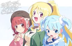  3girls :d artist_name blonde_hair blue_eyes blue_hair blunt_bangs blush brown_eyes character_request closed_mouth copyright_request green_jacket hair_between_eyes hair_ornament hair_scrunchie jacket long_hair long_sleeves looking_at_viewer multiple_girls open_clothes open_jacket open_mouth pink_sweater ponytail portrait red_eyes red_hair scrunchie serizawa_serizane short_hair sleeves_past_wrists smile sweater twitter_username two_side_up watermark white_scrunchie 