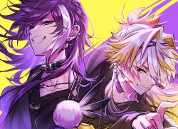  2boys algorhythm_project banzoin_hakka black_gemstone black_hoodie black_shirt collar dacapo_(algorhythm_project) earrings fangs gem highres holostars holostars_english hood hoodie jewelry long_hair looking_at_viewer messy_hair multicolored_hair multiple_boys necklace piwpiww shirt 