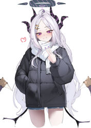  1girl absurdres ahoge black_horns black_jacket blue_archive bubble99 closed_mouth commentary_request cropped_legs hand_in_pocket hand_up highres hina_(blue_archive) horns jacket korean_commentary long_hair long_sleeves low_wings multiple_horns purple_nails scarf simple_background smile solo v very_long_hair violet_eyes white_background white_hair white_scarf wings 