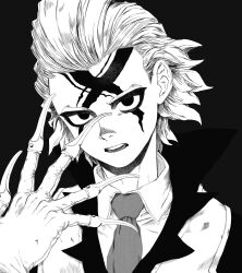  1boy azi_pra black_background collared_shirt commentary_request dr._stone facial_mark fake_claws gloves greyscale high_collar highres looking_at_viewer male_focus monochrome necktie shirt short_hair simple_background solo xeno_(dr.stone) 