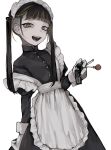  1girl :d apron black_dress black_hair blunt_bangs candy cigarette cigarette_pack dress fang food frilled_apron frills gloves highres holding holding_candy holding_cigarette holding_food holding_lollipop juliet_sleeves lollipop long_sleeves looking_at_viewer maid maid_apron maid_headdress manuka_x_x multicolored_hair original puffy_sleeves simple_background sleeve_cuffs smile solo strap_slip streaked_hair twintails white_apron white_background white_gloves yellow_eyes 