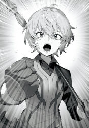  1boy astraea_record clenched_hand collared_shirt dungeon_ni_deai_wo_motomeru_no_wa_machigatteiru_darou_ka finn_deimne gloves greyscale hair_between_eyes hand_up highres holding holding_polearm holding_weapon kakage looking_at_viewer male_focus monochrome novel_illustration official_art over_shoulder polearm shirt short_hair shouting solo spear third-party_source upper_body vest weapon weapon_over_shoulder 