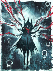  1girl amaryllis_no animal_ears black_cloak border cloak collar commentary english_commentary faux_traditional_media highres multiple_wings no_mouth o_o original red_collar red_wings solo venus_symbol white_border wings 