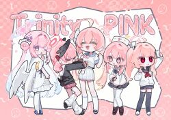  >_< 5girls ahoge black_sailor_collar black_shoes black_skirt black_thighhighs black_wings blue_archive blue_sailor_collar blush boots breasts cellphone chibi chibi_only closed_eyes color_connection commentary_request dress english_text feathered_wings finger_to_mouth flower hair_bun hair_color_connection hair_flower hair_ornament halo hanako_(blue_archive) hat head_wings highres holding holding_phone index_finger_raised koharu_(blue_archive) korean_commentary leg_warmers long_hair mika_(blue_archive) multiple_girls nagakiras2 natsu_(blue_archive) neckerchief nurse_cap open_mouth pantyhose phone pink_eyes pink_hair pleated_skirt purple_flower red_eyes sailor_collar school_uniform serafuku serina_(blue_archive) shoes side_ponytail single_side_bun skirt socks standing thigh-highs very_long_hair w white_dress white_hat white_leg_warmers white_pantyhose white_sailor_collar white_skirt white_socks white_wings wing_ornament wings 