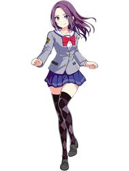  1girl argyle argyle_legwear black_footwear blazer blue_skirt emblem full_body grey_jacket jacket loafers long_hair long_sleeves magicami miniskirt non-web_source official_art photoshop_(medium) pleated_skirt purple_hair school_uniform shoes simple_background skirt smile solo thigh-highs violet_eyes white_background zettai_ryouiki 