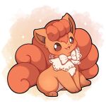  :3 absurdres artist_name bow bowtie brown_eyes english_text highres lace_trim looking_at_viewer open_mouth pokemon pokemon_(creature) ribbon sevi_(seviyummy) simple_background sitting smile sparkle_background vulpix white_bow white_bowtie 