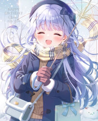  1girl bag blue_bag blue_coat blue_hair blush breath brown_sweater character_name closed_eyes coat commentary_request dated facing_viewer fringe_trim fur-trimmed_sleeves fur_trim gloves gochuumon_wa_usagi_desu_ka? hair_ornament happy_birthday hat highres holding holding_umbrella kafuu_chino long_hair mozukun43 open_clothes open_coat open_mouth red_gloves scarf scrunchie shoulder_bag smile solo sweater umbrella very_long_hair winter_clothes x_hair_ornament yellow_scrunchie 