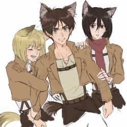  1girl 2boys anger_vein animal_ear_fluff animal_ears armin_arlert black_hair blonde_hair breasts brown_hair brown_jacket cat_boy cat_ears cat_girl cat_tail chest_strap clenched_teeth closed_eyes commentary_request cropped_jacket eren_yeager furrowed_brow green_eyes grey_eyes grey_shirt hair_between_eyes hand_on_another's_arm hand_on_another's_shoulder highres holding_another's_arm holding_back jacket kemonomimi_mode medium_breasts mikasa_ackerman military_jacket multiple_boys open_mouth parted_bangs parted_lips red_scarf scarf shingeki_no_kyojin shirt short_hair sweatdrop szm_426 tail teeth twitter_username white_background white_shirt 
