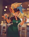  1girl apron artist_name black_pants black_shirt blonde_hair blue_hair blurry blurry_background coffee crash_bandicoot_(series) cup depth_of_field furry furry_female green_apron green_eyes highres holding holding_cup iced_coffee indoors magaska19 multicolored_hair official_alternate_hairstyle pants shirt short_sleeves solo starbucks tawna_bandicoot two-tone_hair watermark 