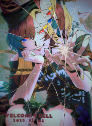  1girl black_shirt blonde_hair blue_eyes blue_hair broken_glass chain commentary_request frilled_skirt frills glass hecatia_lapislazuli hecatia_lapislazuli_(earth) hecatia_lapislazuli_(moon) highres long_hair looking_at_viewer multicolored_skirt multiple_persona off_shoulder parted_lips raya_(uk_0128) red_eyes red_hair refraction shirt skirt smile touhou yellow_eyes 