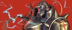  1boy alphonse_elric armor automail commentary english_commentary flamel_symbol full_armor fullmetal_alchemist highres lightning living_armor male_focus pepedraws plume red_background red_eyes solo spiked_armor spiked_helmet spikes upper_body 