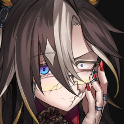  1girl absurdres ahoge animal_ear_piercing blue_eyes brown_hair charisma_break closed_mouth commentary_request constricted_pupils dream_journey_(umamusume) eyewear_strap frills fukuro_(maruaru00) hair_between_eyes highres horse_girl jacket jewelry long_hair multicolored_hair multiple_rings red_nails rimless_eyewear ring smile solo streaked_hair umamusume upper_body white_hair 