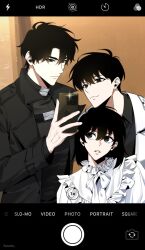  1girl 2boys alternate_costume aurumu black_coat black_eyes black_hair black_shirt blouse bob_cut coat commentary english_commentary fake_phone_screenshot fake_screenshot han_sooyoung highres holding holding_phone kim_dokja multiple_boys neck_ribbon omniscient_reader's_viewpoint open_clothes open_coat phone popped_collar ribbon shirt short_hair sparkle white_coat yoo_joonghyuk 