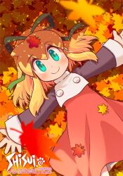  1girl artist_name autumn_leaves blonde_hair blush closed_mouth commentary_request dress green_eyes green_ribbon hair_ribbon highres leaf leaf_background leaf_on_head long_hair long_sleeves looking_at_viewer lying mega_man_(classic) mega_man_(series) on_back outstretched_arms ponytail red_dress revision ribbon roll_(mega_man) shisui smile solo spread_arms upper_body 
