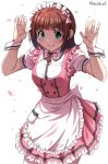  1girl alternate_costume amami_haruka apron blush bow bowtie breasts brown_hair buttons commentary_request cowboy_shot dress enmaided frilled_skirt frills green_eyes hair_bow hands_up highres idolmaster idolmaster_(classic) looking_at_viewer maid maid_headdress medium_breasts petals pink_bow pink_bowtie pink_dress puffy_short_sleeves puffy_sleeves shirt short_hair short_sleeves sidelocks skirt smile solo takatsuki_p twitter_username waist_apron white_apron white_background white_shirt wrist_cuffs 