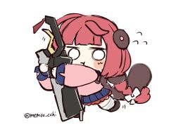  1girl blush braid braided_twintails cardigan chibi chibi_only closed_mouth commentary_request flying_sweatdrops hair_ribbon hearing_aid holding holding_sword holding_weapon long_hair memoo_cchi motion_lines pink_cardigan red_hair ribbon simple_background solo sword twitter_username ukinami_yuzuha weapon white_background white_eyes white_ribbon zenless_zone_zero 