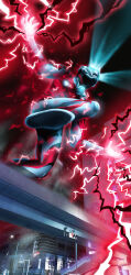  1boy absurdres alien aqua_eyes black_skin bridge building color_timer colored_skin commentary_request electricity from_below giant glowing glowing_eyes glowing_hand highres multicolored_skin night night_sky outdoors red_aura red_skin silver_skin sky solo tokusatsu traffic_light ultra_series ultraman_geed ultraman_geed_(series) yoshifuto 