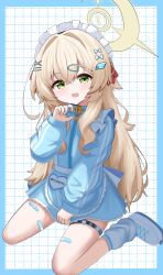  1girl absurdres apron back_bow bandaid bandaid_on_leg blonde_hair blue_archive blue_border blue_jacket blue_skirt blue_track_suit blush border bow character_name commentary_request english_text fluffy_hair frilled_apron frills full_body green_eyes grid_background h1kaziro4916 hair_bow hair_ornament halo heart highres jacket jersey_maid leg_warmers long_hair long_sleeves looking_at_viewer loose_socks maid maid_apron maid_headdress open_mouth professor_niyaniya_(blue_archive) red_bow shoes side_ahoge sitting skirt sneakers socks solo track_jacket track_suit turtleneck turtleneck_jacket unconventional_maid waist_apron wariza white_background white_bow white_headdress white_leg_warmers white_shoes white_socks wing_hair_ornament x_hair_ornament yellow_halo zipper_pull_tab 