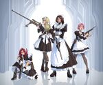  4girls absurdres ammunition_pouch blonde_hair braid brown_eyes brown_hair commentary english_commentary full_body glasses green_eyes gun handgun high_heels highres ivan_yakushev kneeling maid maid_headdress multiple_girls open_mouth original pantyhose pink_eyes pink_hair pouch redhead rifle serious shell_casing shotgun sniper_rifle surprised weapon wide-eyed 