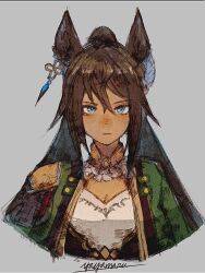  1girl animal_ears artist_name black_hair blue_eyes closed_mouth commentary_request dark-skinned_female dark_skin earrings green_jacket grey_background hair_between_eyes hair_ornament highres horse_ears horse_girl jacket jewelry long_hair looking_at_viewer open_clothes open_jacket ponytail shoulder_guard simple_background single_earring solo straight-on symboli_kris_s_(onyx_soldier)_(umamusume) symboli_kris_s_(umamusume) umamusume upper_body vest white_vest yayamarublog 