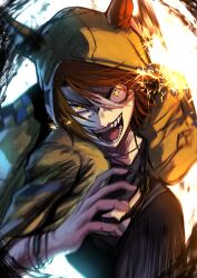  1girl absurdres animal_ears black_pants black_shirt brown_hair dictus_striker_(umamusume) ears_through_headwear ears_through_hood grin hair_between_eyes hasewo highres hood hooded_jacket hoodie horse_ears horse_girl jacket long_sleeves looking_at_viewer multicolored_hair open_mouth pants running sharp_teeth shirt short_hair smile solo sparks streaked_hair teeth umamusume umamusume:_cinderella_gray white_hair yellow_eyes yellow_hood yellow_hoodie yellow_jacket 