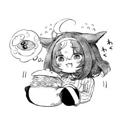  1girl :3 @_@ ahoge animal_ears cooking_pot ear_ribbon flying_sweatdrops greyscale hairband highres holding holding_cooking_pot horse_ears horse_girl image_in_thought_bubble lettuce long_sleeves looking_at_viewer mame_nabe_donko meisho_doto_(casual)_(umamusume) meisho_doto_(umamusume) monochrome mushroom open_mouth oven_mitts simple_background smile solo speech_bubble sweater thought_bubble turtleneck turtleneck_sweater umamusume upper_body white_background 