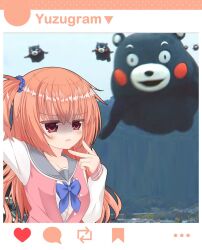  1girl blue_scrunchie blush commentary_request d: frown grey_sailor_collar hair_between_eyes hair_ornament hair_scrunchie hand_up heart inaba_meguru jacket jitome letterman_jacket long_hair looking_at_viewer misu_t_(ccc) one_side_up open_mouth orange_hair photo_background pink_jacket red_eyes sailor_collar sanoba_witch school_uniform scrunchie selfie serafuku sleeves_past_wrists solo upper_body v v-shaped_eyebrows very_long_hair white_sleeves 