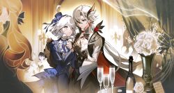  2girls absurdres ahoge arlecchino_(genshin_fes_2026)_(genshin_impact) arlecchino_(genshin_impact) black_gloves black_pants blue_eyes blue_hat blue_jacket bottle champagne_flute chinese_commentary commentary cup drinking_glass flower furina_(genshin_impact) genshin_impact gloves hat highres holding_hands jacket long_hair looking_at_another low_ponytail mie_xing multiple_girls pants ponytail red_eyes rose white_flower white_hair white_rose wine_bottle yuri 