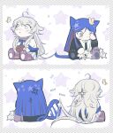  2girls ahoge anger_vein animal_ears aratsuta_(aoedou) blue_hair blush boned_meat bug butterfly cat_ears cat_girl cat_tail chibi food grey_eyes grey_hair highres kantai_collection long_hair long_sleeves meat multicolored_hair multiple_girls multiple_views one_eye_closed parted_lips redhead simple_background sitting south_dakota_(kancolle) star_(symbol) tail very_long_hair washington_(kancolle) white_hair 