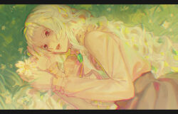  1girl absurdres blonde_hair bloom brooch chromatic_aberration close-up colored_eyebrows colored_eyelashes day flower frilled_shirt frilled_sleeves frills from_above high-waist_skirt highres jewelry light_particles lips long_hair looking_at_flowers looking_at_object lying on_grass on_side original outdoors parted_lips red_eyes shirt short_bangs sidelocks signature skirt solo suidrawsui upper_body wavy_hair white_flower 