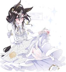  1girl ahoge animal_ears black_hair blue_eyes blush bow brown_hair closed_mouth commentary_request dream_journey_(snow-white_dreamland)_(umamusume) dream_journey_(umamusume) dress eyewear_strap full_body glasses hair_between_eyes hair_bun hair_ornament highres horse_ears horse_girl horse_tail long_hair long_sleeves looking_at_viewer multicolored_hair official_alternate_costume shoes simple_background smile solo suya_(jzup2735) tail thigh-highs umamusume unworn_shoes white_bow white_dress white_hair white_thighhighs 