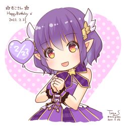  1girl :d balloon blush bow bowtie commentary_request cowboy_shot dated dress heart heart_balloon highres looking_at_viewer open_mouth orange_eyes own_hands_together pointy_ears purple_bow purple_bowtie purple_hair ragnarok_masters ragnarok_online sakuraji_tomoka signature sleeveless sleeveless_dress smile solo translation_request white_background wrist_cuffs 