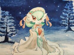  1girl blue_background bob_cut brown_cape cape chinese_commentary closed_mouth clothed_pokemon colored_skin commentary_request detached_collar flat_chest fur-trimmed_cape fur_trim gardevoir green_hair green_skin hair_between_eyes hairband happy looking_to_the_side mark_(hao_bang_bang) multicolored_skin neck_ribbon night off_shoulder on_ground outdoors own_hands_together pine_tree pokemon pokemon_(creature) red_eyes red_ribbon ribbon short_hair sideways_glance sitting smile snow snowing solo traditional_media tree two-tone_skin white_hairband white_skin 