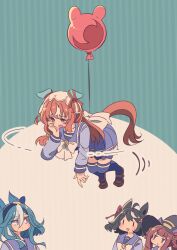  4girls admire_groove_(umamusume) ahoge animal_ears balloon black_hair blue_hair blush bow bowtie braid braided_hair_rings breasts brown_hair ear_covers ear_ribbon floating hair_between_eyes hair_rings hairband hat hat_with_ears honkawa_works horse_ears horse_girl horse_tail kitasan_black_(umamusume) long_hair multicolored_hair multiple_girls no_heterochromia open_mouth parted_lips purple_sailor_collar purple_serafuku purple_shirt purple_skirt purple_thighhighs red_eyes sailor_collar sailor_shirt school_uniform serafuku shirt short_hair skirt solid_oval_eyes still_in_love_(umamusume) streaked_hair sweep_tosho_(umamusume) tail thigh-highs tracen_school_uniform twintails umamusume veil violet_eyes white_bow white_bowtie white_hair white_streaks white_veil witch_hat 