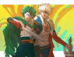  2boys abs abstract_background absurdres alternate_universe arm_at_side bakugou_katsuki belt belt_buckle blonde_hair blue_jacket blue_pants boku_no_hero_academia brown_belt buckle cape closed_mouth collarbone cropped_jacket detached_sleeves ear_piercing floating_cape freckles fur-trimmed_jacket fur-trimmed_pants fur_trim gloves gradient_background green_background green_cape green_eyes green_hair grin hand_up high-waist_pants high_collar highres holding holding_sword holding_weapon jacket jewelry letterboxed looking_at_viewer looking_to_the_side male_focus midoriya_izuku multiple_belts multiple_boys multiple_piercings navel necklace official_alternate_costume open_collar open_fly orange_cape outside_border outstretched_arm pants partially_unbuttoned piercing profile red_belt red_eyes red_gloves scar scar_on_chest scar_on_leg short_hair short_sword side-by-side sidelighting sideways_glance sideways_mouth single_shoulder_pad smile spiky_hair sword toggles toned toned_male torn_cape torn_clothes turning_head upper_body weapon weibo_logo weibo_username yellow_background yellow_brooch ykkiyo 