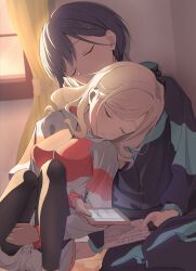  2girls absurdres aqua_jacket aqua_pants black_pantyhose ceras_yanagida_lilienfeld closed_eyes commentary_request edel_note grey_hair grey_shorts hair_ornament highres holding holding_notebook holding_phone indoors jacket jellyfish_cut katsuragi_izumi link!_like!_love_live! long_hair long_sleeves love_live! morio_(mmorio_mu) multiple_girls notebook orange_jacket pants pantyhose pantyhose_under_shorts phone shorts sitting sleeping sleeping_on_person sleeping_upright track_jacket track_pants triangle_hair_ornament virtual_youtuber yokozuwari 