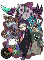  1boy :< arbok barbaracle black-framed_eyewear black_coat black_pants closed_eyes closed_mouth coat collared_shirt colored_sclera commentary_request corbeau_(pokemon) dress_shirt fangs flower forked_tongue garbodor glasses gyarados hand_in_pocket highres kokodari looking_at_viewer male_focus mega_pokemon mega_scolipede orange_eyes pants parted_hair pokemon pokemon_(creature) pokemon_legends:_z-a purple_coat purple_hair purple_shirt red_eyes red_flower roserade round_eyewear scolipede shirt shirt_tucked_in short_hair slit_pupils tongue tongue_out two-sided_coat two-sided_fabric white_background white_flower white_hair wing_collar yellow_sclera 