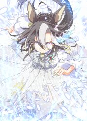  1girl animal_ears black_hair blue_eyes breasts closed_mouth commentary_request dream_journey_(snow-white_dreamland)_(umamusume) dream_journey_(umamusume) dress eye_trail eyewear_strap glasses glowing glowing_eye glowing_eyes hair_between_eyes hair_bun highres horse_ears horse_girl horse_tail light_trail long_hair long_sleeves looking_at_viewer multicolored_hair official_alternate_costume running smile solo tail umamusume white_background white_dress white_hair zukki_(bijitaru) 