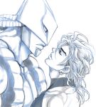  2boys birthmark dio_brando earrings height_difference jewelry joestar_birthmark jojo_no_kimyou_na_bouken looking_at_another looking_up male_focus merumeru626 multiple_boys red_eyes sleeveless sleeveless_turtleneck spot_color stand_(jojo) stardust_crusaders the_world turtleneck 