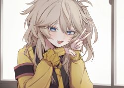  1girl arazan_(ara_arazan24) armband black_shirt blonde_hair blue_eyes blush cardigan elbow_rest fang hashtag-only_commentary indoors kasukabe_tsumugi long_hair long_sleeves loose_necktie messy_hair mole mole_under_eye necktie one_side_up open_cardigan open_clothes open_mouth scrunchie shirt skin_fang smile solo v voicevox window windowsill wrist_scrunchie yellow_cardigan yellow_necktie yellow_scrunchie 