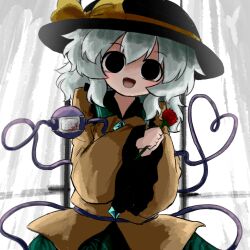  1girl :d black_eyes black_hat blood blood_stain blush bow buttons collared_shirt commentary_request diamond_button eyepatch flower frilled_shirt_collar frilled_sleeves frills green_hair green_skirt hat hat_bow heart heart_of_string heripantomorrow holding holding_flower komeiji_koishi medical_eyepatch medium_hair own_hands_together red_flower red_rose rose shirt skirt smile solo third_eye touhou yellow_bow yellow_shirt 