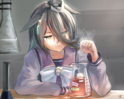  1girl absurdres ahoge animal_ears beaker black_hair bow bowtie closed_mouth collarbone commentary_request ear_tag earrings hair_between_eyes highres holding horse_ears horse_girl jewelry long_bangs long_hair long_sleeves manhattan_cafe_(umamusume) multicolored_hair purple_sailor_collar purple_serafuku purple_shirt sailor_collar sailor_shirt sasami_oishine school_uniform serafuku shirt single_earring solo steam tea teabag tracen_school_uniform umamusume very_long_hair white_bow white_bowtie white_hair yellow_eyes 
