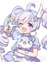  >_< +++ 1girl \m/ absurdres ahoge blue_archive bow bowtie commentary_request dress drill_hair earrings gloves hair_ornament halo highres holding jewelry long_hair looking_at_viewer magical_girl mascot mugisepa multicolored_hair one_eye_closed open_mouth pink_halo puffy_short_sleeves puffy_sleeves purple_bow purple_bowtie purple_dress purple_hair reisa_(blue_archive) reisa_(magical)_(blue_archive) short_sleeves simple_background smile solo star_(symbol) star_earrings star_hair_ornament star_halo twin_drills two-tone_hair upper_body v-shaped_eyebrows very_long_hair violet_eyes white_background white_gloves wing_hair_ornament wrist_cuffs 