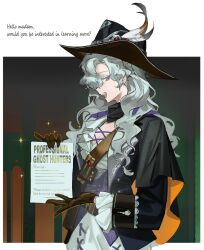  1girl black_cape black_coat black_gloves black_hat border cape coat dark_background english_text gloves hat hat_feather highres holding holding_paper long_hair official_alternate_costume open_mouth outside_border paper profile reverse:1999 shirt solo sparkle sumi_1800 upper_body violet_eyes white_border white_hair white_shirt windsong_(reverse:1999) 