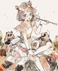  1girl animal_ears barefoot bracelet brown_eyes brown_hair commentary_request crossed_legs futatsuiwa_mamizou glasses gourd hat highres holding holding_smoking_pipe jewelry kiseru leaf leaf_on_head looking_at_viewer mozukuzu_(manukedori) notepad open_mouth pince-nez raccoon_ears raccoon_girl raccoon_tail shirt short_hair short_sleeves sitting skirt smile smoking_pipe soles tail tanuki ten_desires tokkuri touhou 