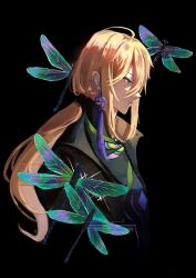  1boy absurdres ahoge alkaid_mcgrath alkaid_mcgrath_(deimortem_era) black_background black_jacket black_shirt blonde_hair bug butterfly_brooch chinese_commentary closed_mouth dragonfly earrings expressionless from_side glitch green_eyes hair_between_eyes highres jacket jewelry long_hair long_hair_between_eyes looking_ahead lovebrush_chronicles low_ponytail male_focus ponytail profile qiong_xiang_prayer shirt sidelocks simple_background single_earring solo tassel tassel_earrings upper_body 