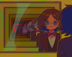  1boy adventure_time adventure_time:_fionna_and_cake beard blue_skin bow bowtie brown_hair brown_suit closed_eyes colored_skin crown english_commentary facial_hair glasses grey_hair highres ice_king looking_at_mirror mirror open_mouth optical_illusion pointy_nose red_bow red_bowtie simon_petrikov smile suit surprised tsujii_luki yellow_background yellow_crown 